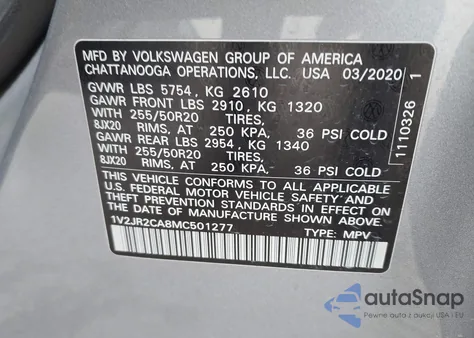 2021 Volkswagen Atlas 3.6L V6 Se W/Technology из США, поврежденный, VIN 1V2JR2CA8MC501277